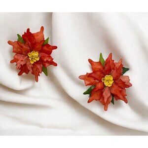 Vintage Poinsettia Earrings Clip-On Floral Red Flower 1950s Holiday Jewelry